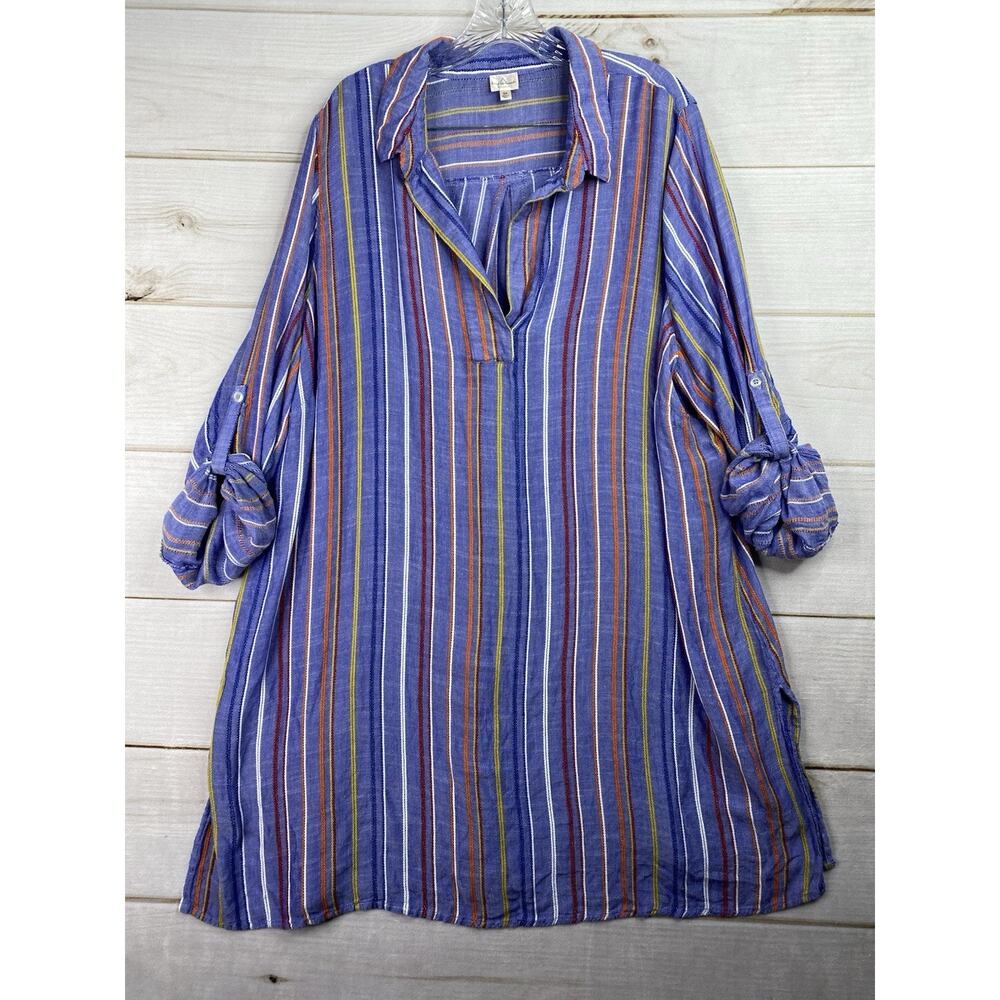 Keep In Touch Tunic Shirt Dress Womens 3X Blue Multi Color Stripe Rayon Cover Up